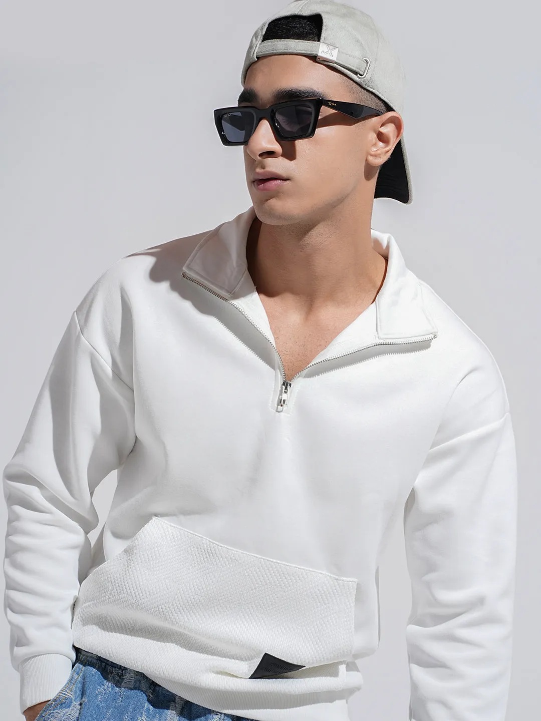 Men's White High Neck Ribbed Slim Fit Sweatshirt with Half Zipper appropriate for hiking Silk