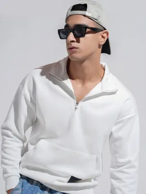 Men's White High Neck Ribbed Slim Fit Sweatshirt with Half Zipper appropriate for hiking Silk