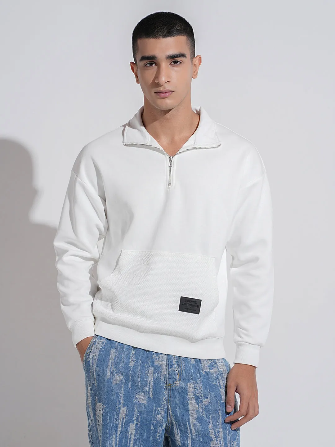Branded Look Men's White High Neck Ribbed Slim Fit Sweatshirt with Half Zipper