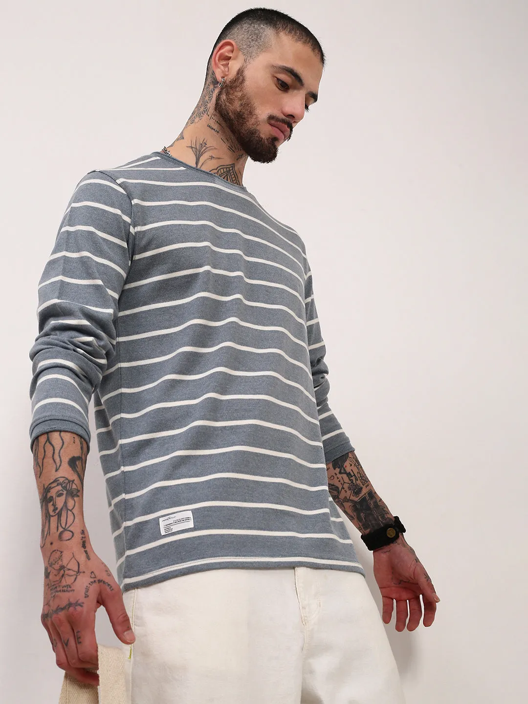 Daily Fit Warm Look Men's Grey Striped Round Neck Casual T-Shirt