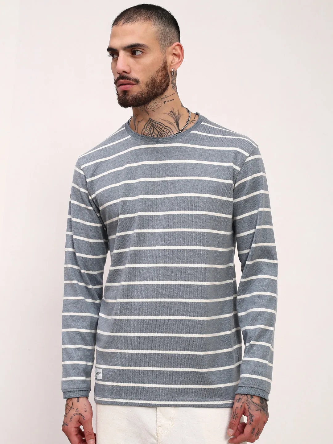 Men's Grey Striped Round Neck Casual T-Shirt product pearl elegance Seasonal Collection