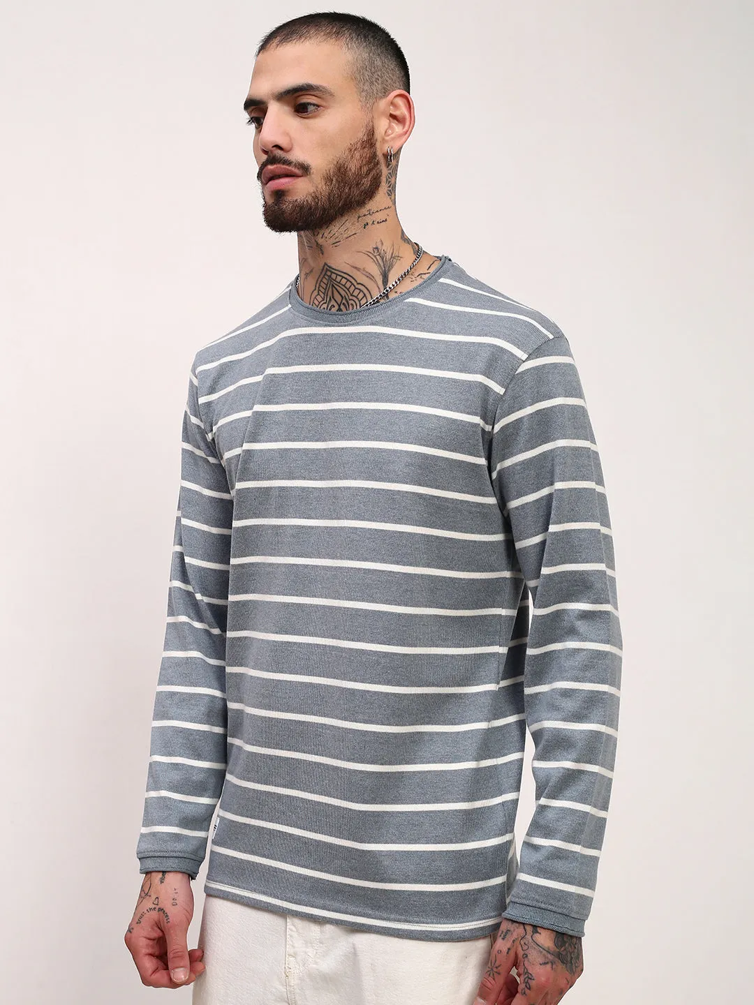 Effortless Hoodie Simple Look Men's Grey Striped Round Neck Casual T-Shirt
