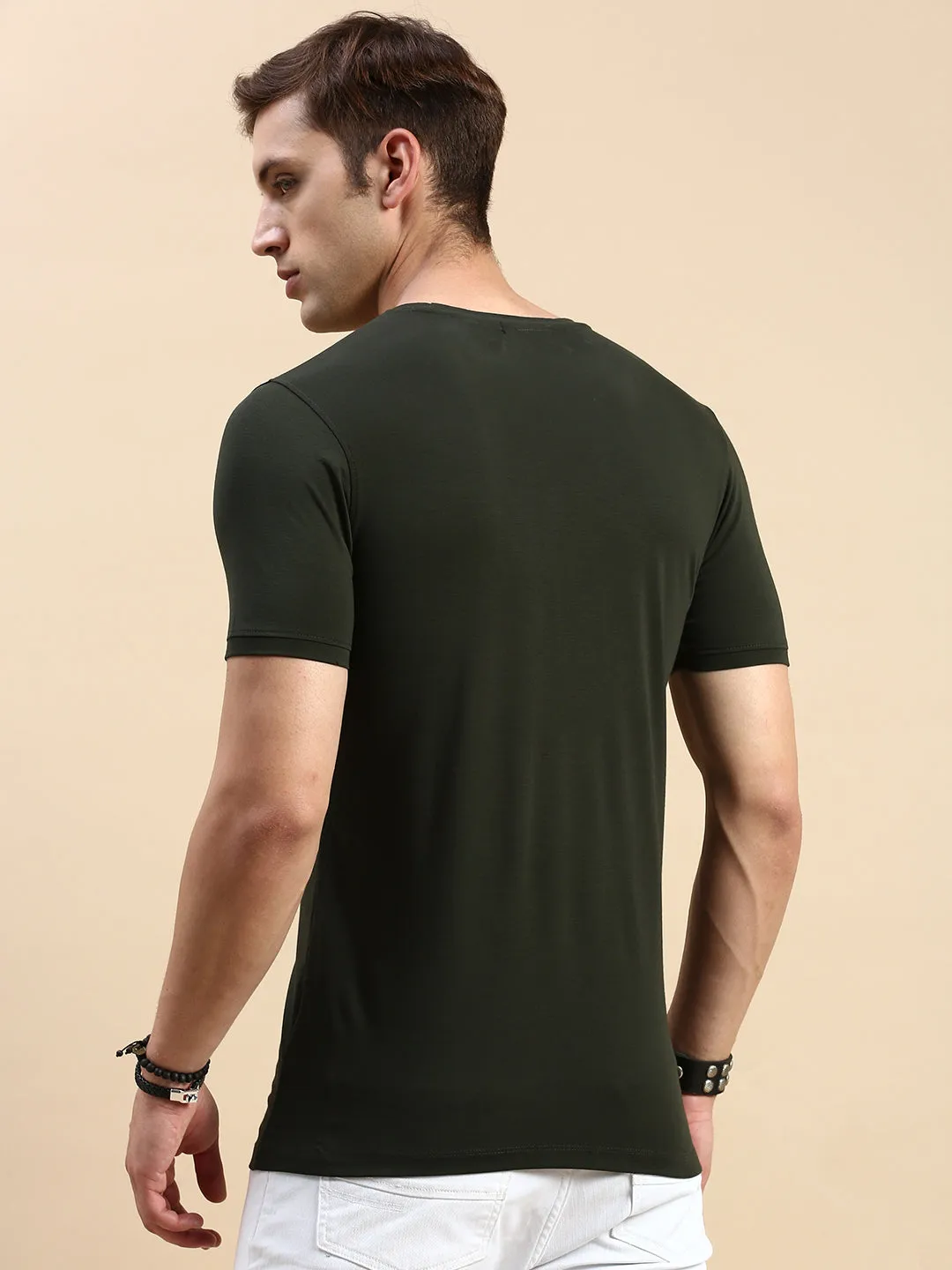 No pockets Men's Olive Typography Printed Slim Fit T-shirt