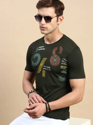 Beach Style Men's Olive Typography Printed Slim Fit T-shirt