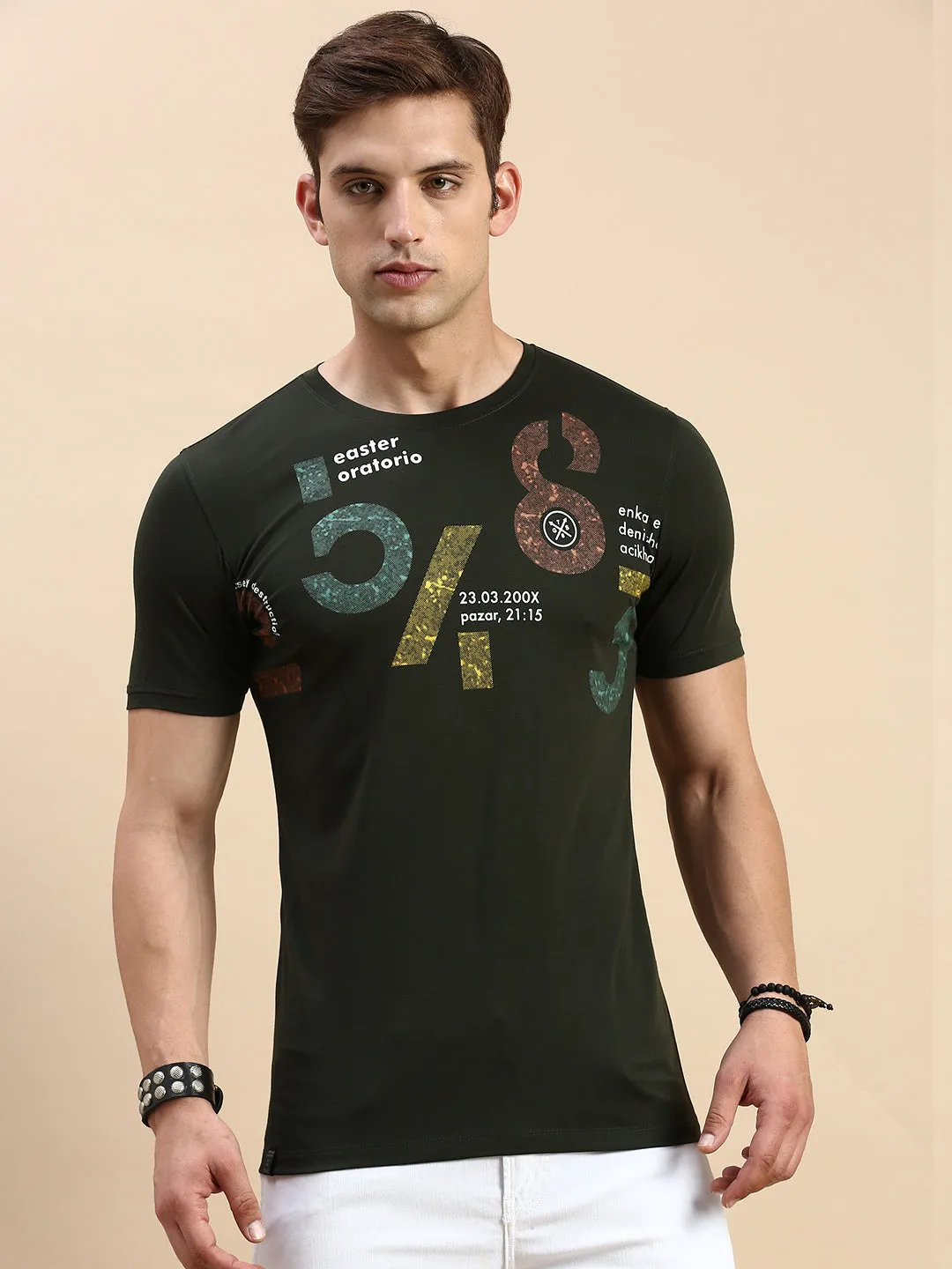 Easy to store Smart Casual Men's Olive Typography Printed Slim Fit T-shirt