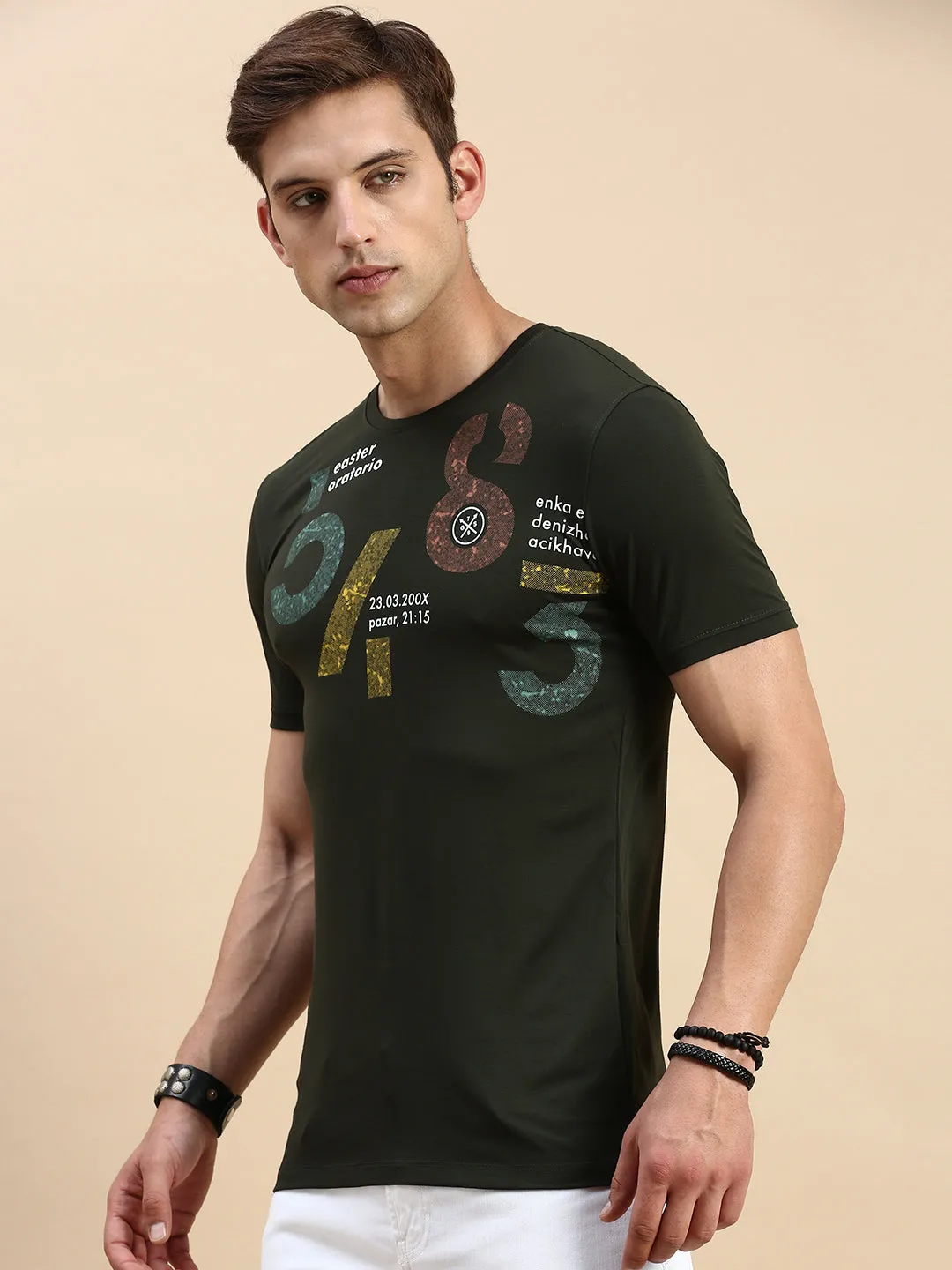 Urban Comfort Men's Olive Typography Printed Slim Fit T-shirt