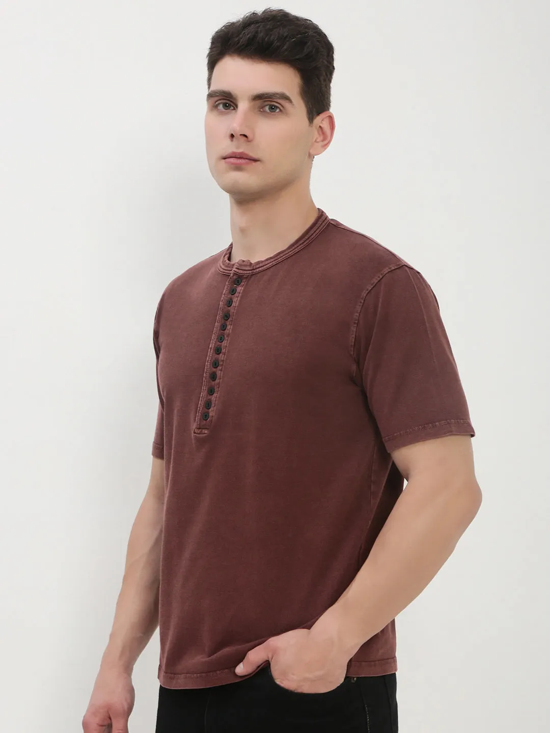 Men's Brown Solid Henley Collar T-Shirt Easy Wear