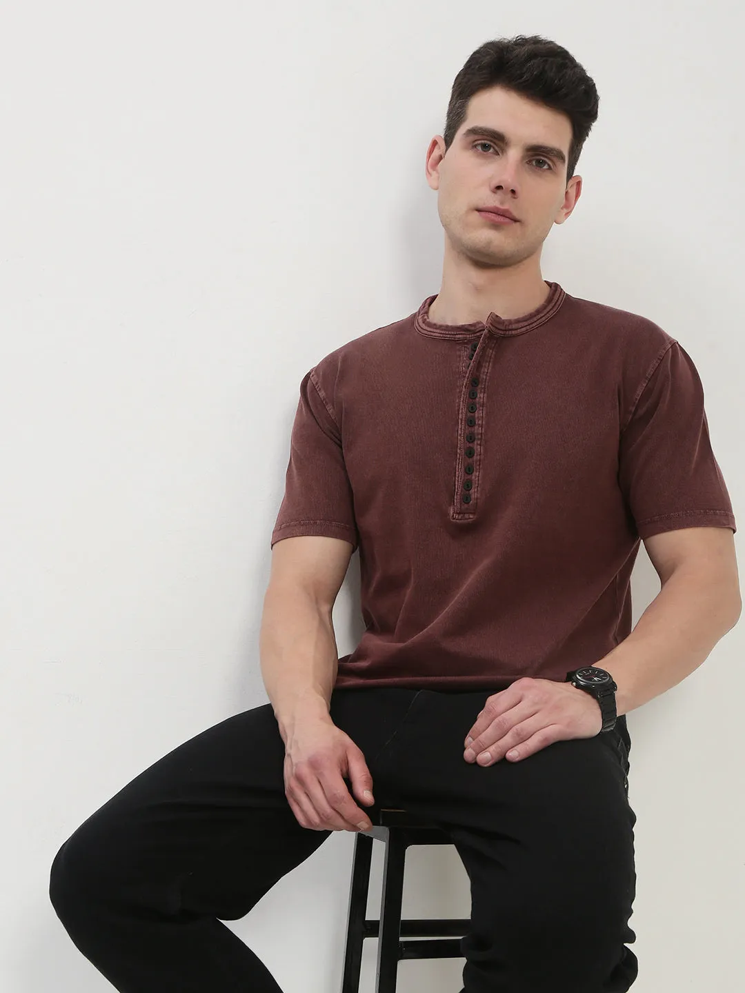 Men's Brown Solid Henley Collar T-Shirt Simple Comfort Outdoor Sporty
