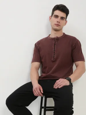 Men's Brown Solid Henley Collar T-Shirt Simple Comfort Outdoor Sporty