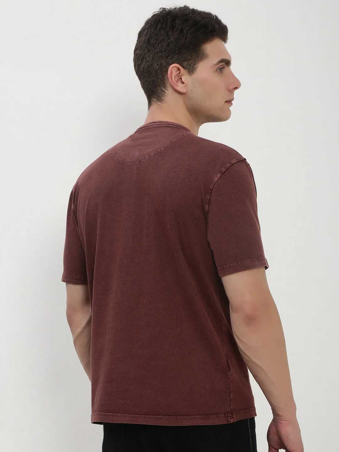 Coffee Shop Comfy Hoodie Men's Brown Solid Henley Collar T-Shirt