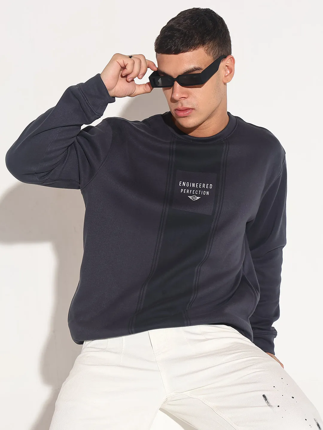 Men's Typography Navy Blue Ribbed Round Neck Sweater HighDensity Weave
