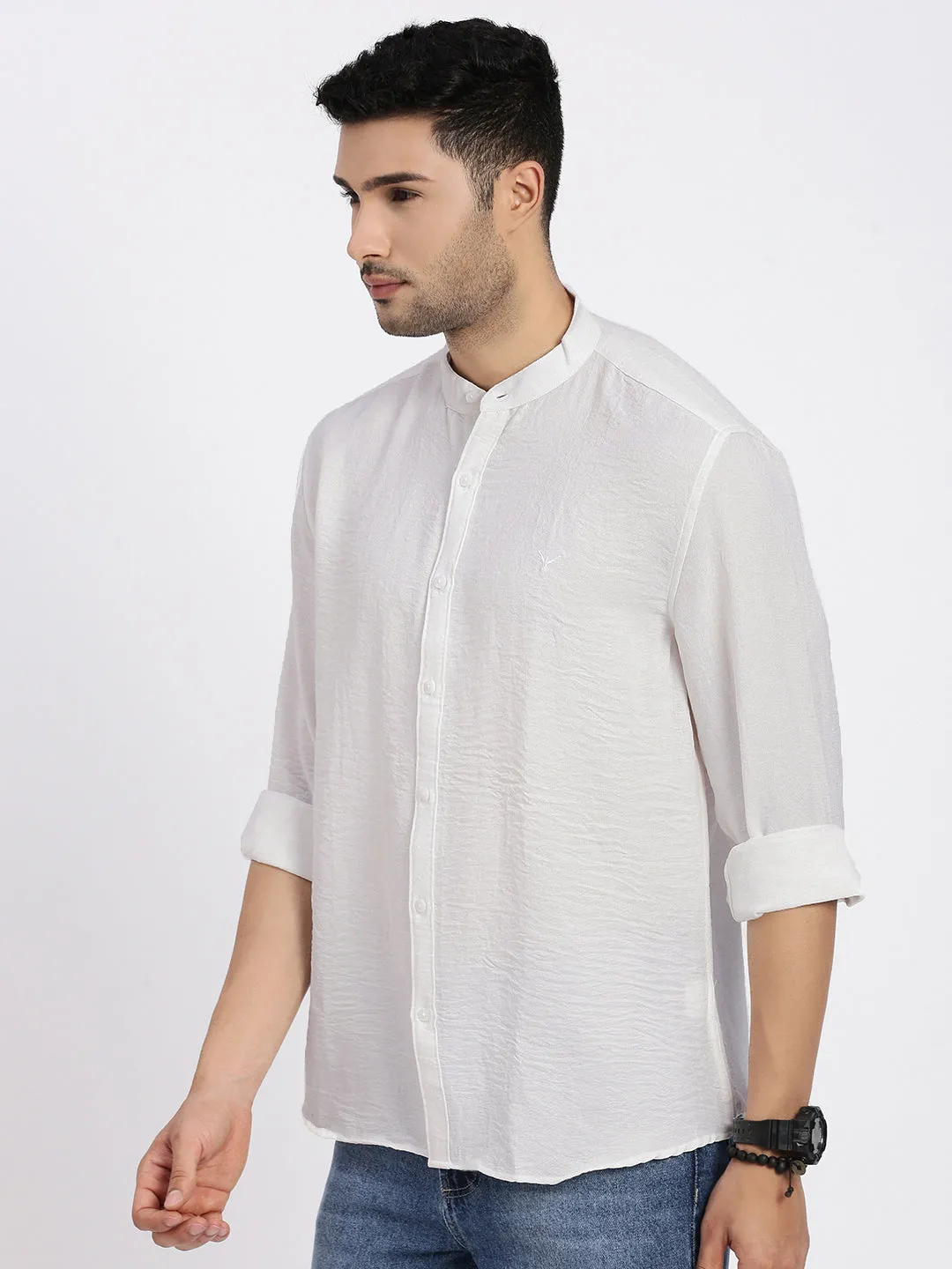 LayeredConstruction Men's White Standard Mandarin Collar Solid Cotton Slim Fit Casual Shirt