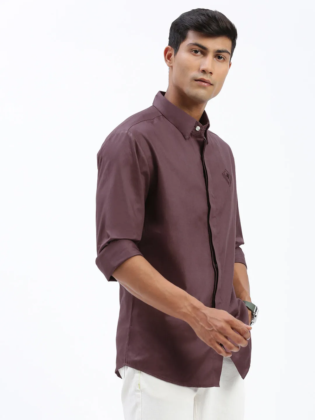 Men's Brown Standard Spread Collar Cotton Casual Shirt Recycled Fit Airflow Mesh Panels