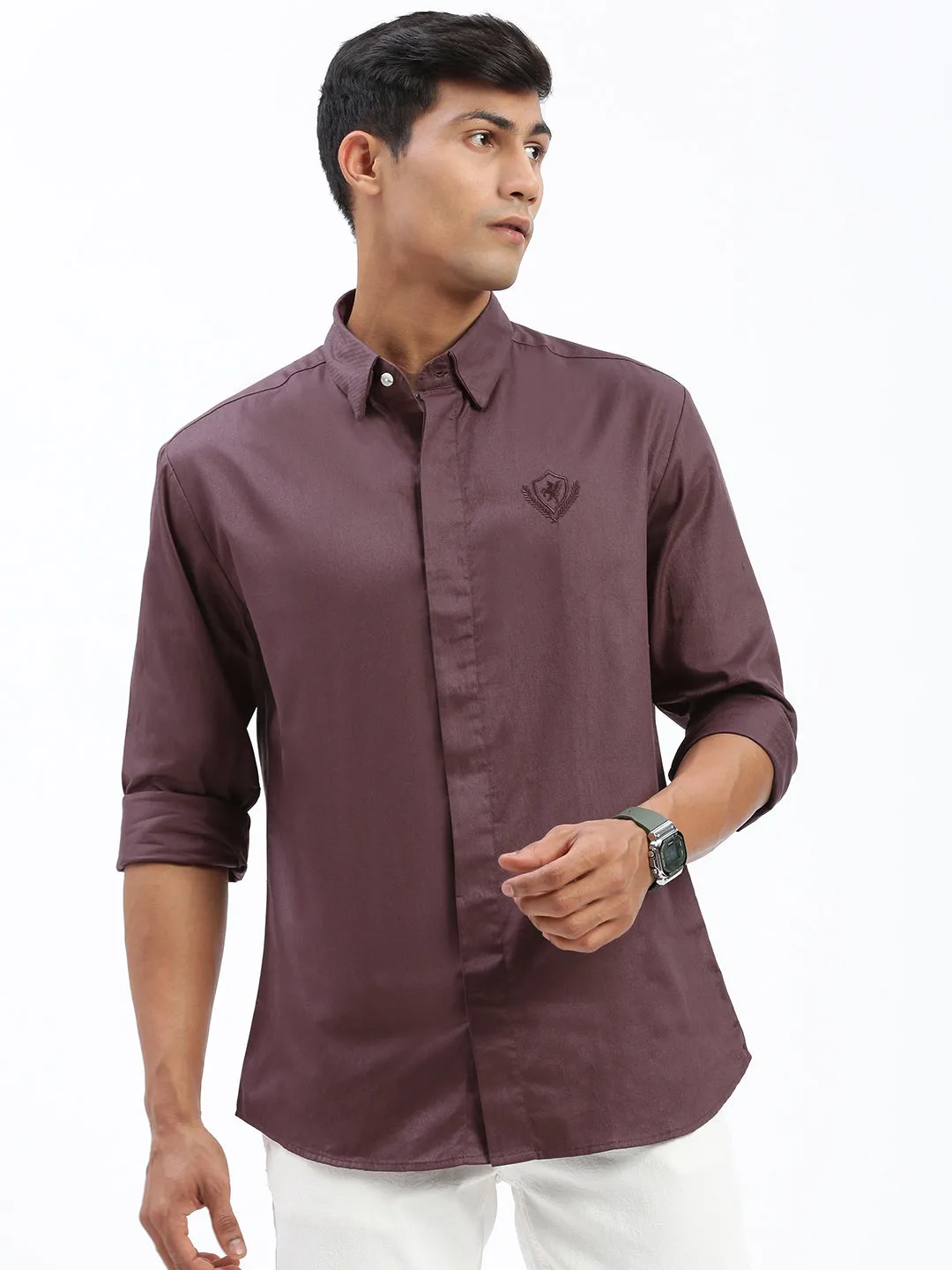 Men's Brown Standard Spread Collar Cotton Casual Shirt Frost Glow Creative Glow