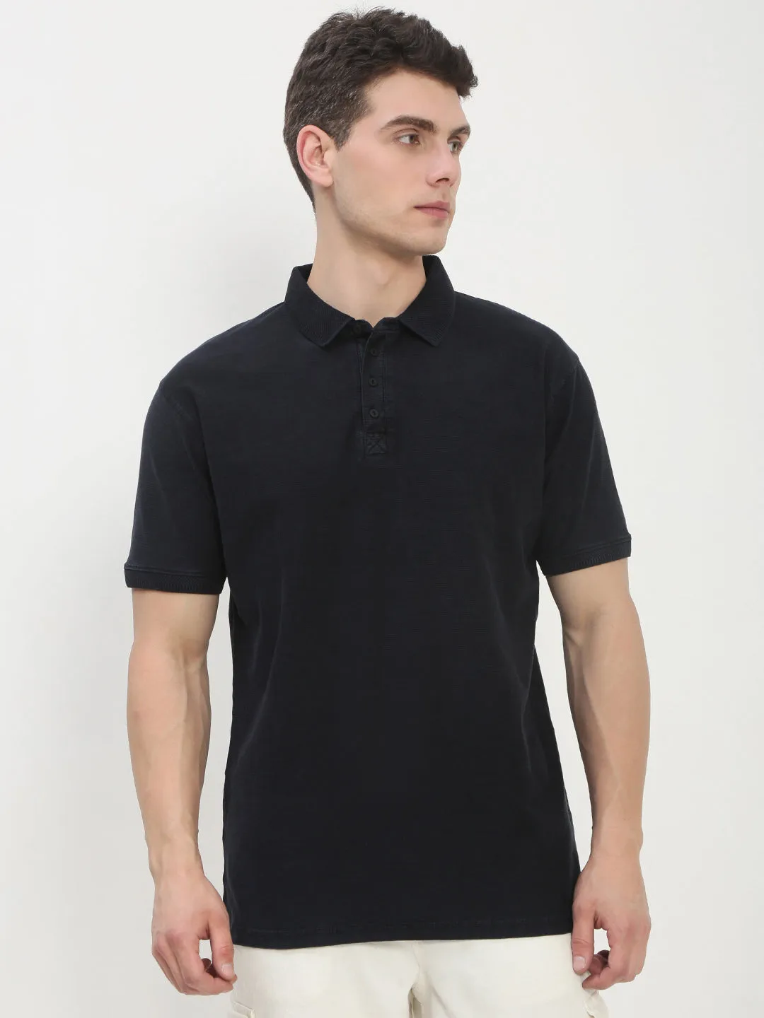 Men's Navy Blue Solid Polo Collar T-Shirt Fashion Comfort Essential Bold