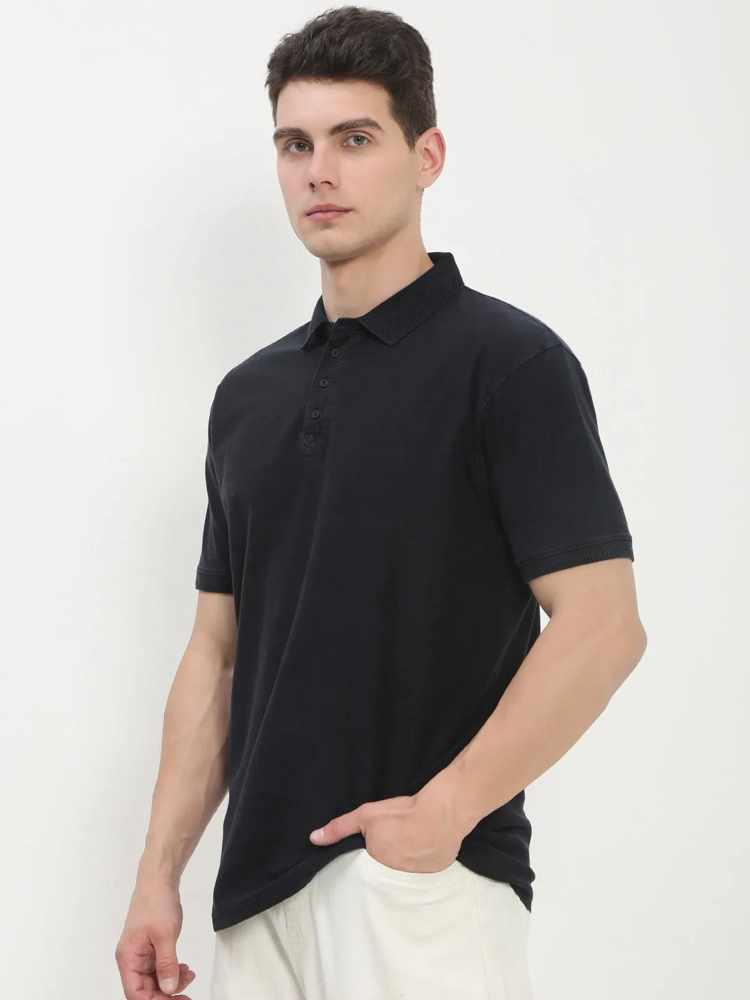 Weekend Relaxed Comfort Layering Men's Navy Blue Solid Polo Collar T-Shirt
