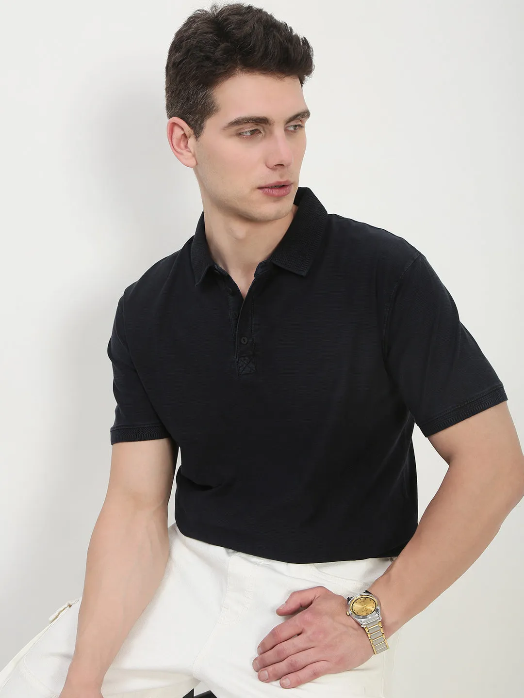 Casual Essentials Men's Navy Blue Solid Polo Collar T-Shirt