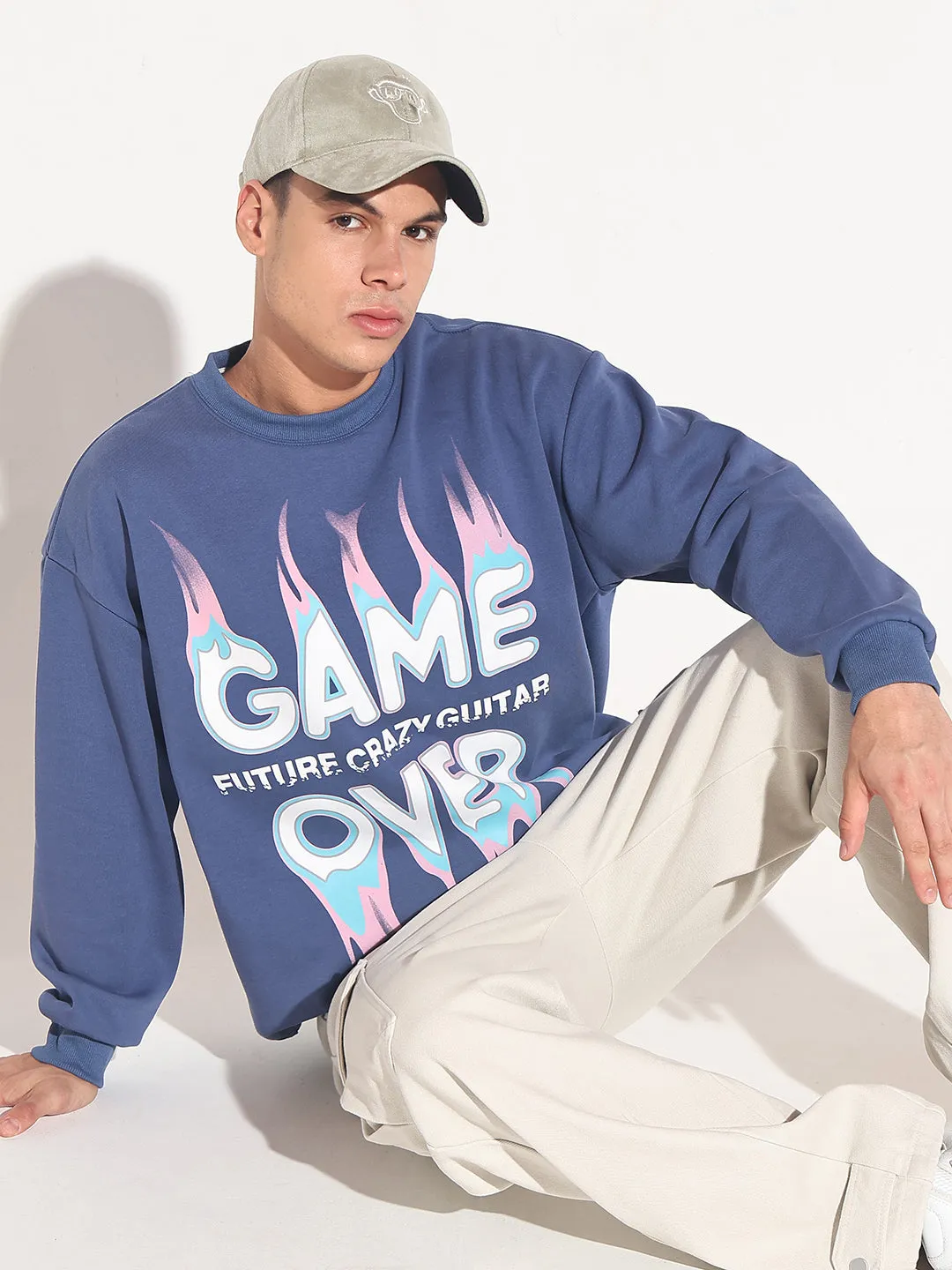 Petite Cut Men's Typography Blue Graphic Printed Round Neck Ribbed Sweatshirt