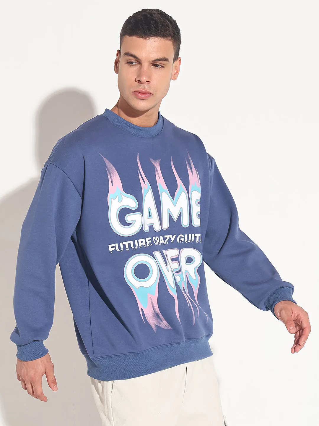 Travel Essential Men's Typography Blue Graphic Printed Round Neck Ribbed Sweatshirt