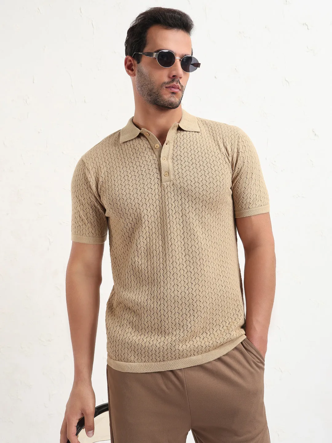 Men's Beige Solid Polo Collar T-Shirt Satin
