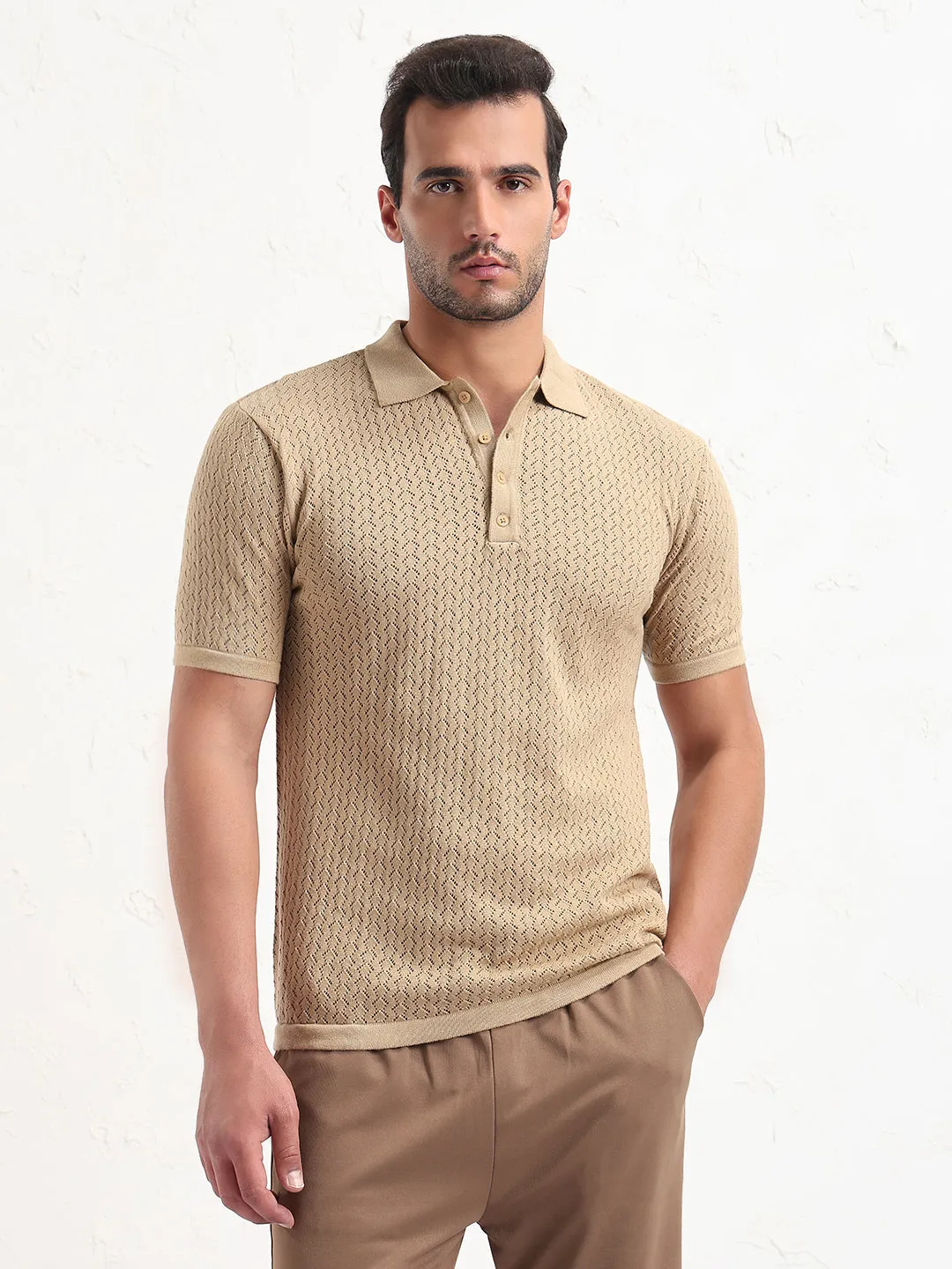 neon colors Men's Beige Solid Polo Collar T-Shirt