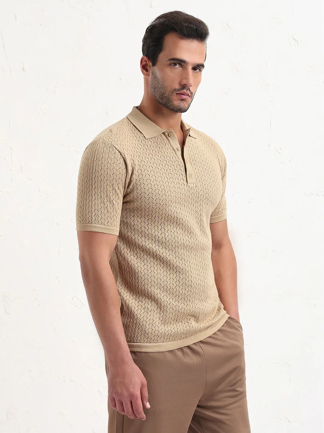 Bold Graphics Men's Beige Solid Polo Collar T-Shirt