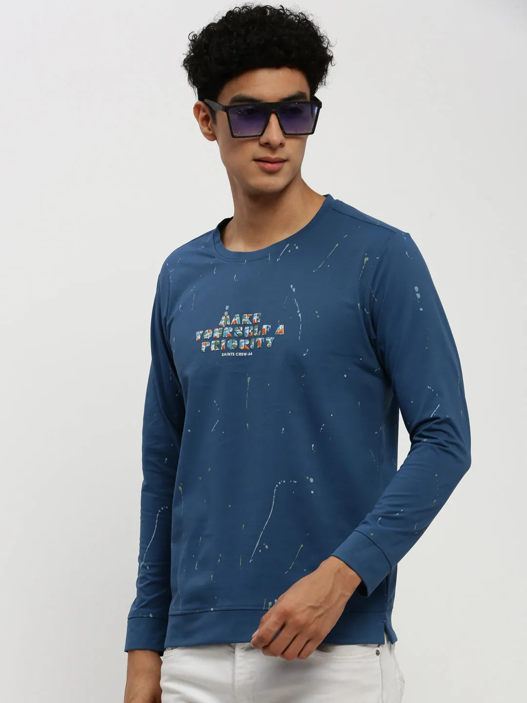 Men's Blue Printed Round Neck Cotton Sweatshirt Casual Comfort
