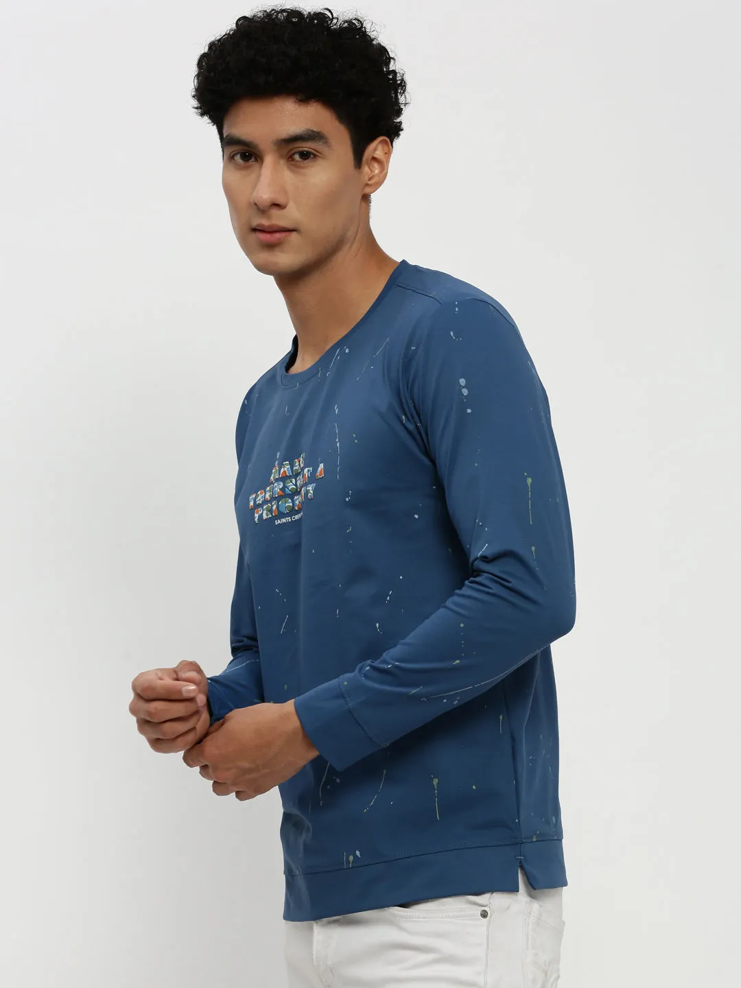 Lounge Fit Luxury Men's Blue Printed Round Neck Cotton Sweatshirt