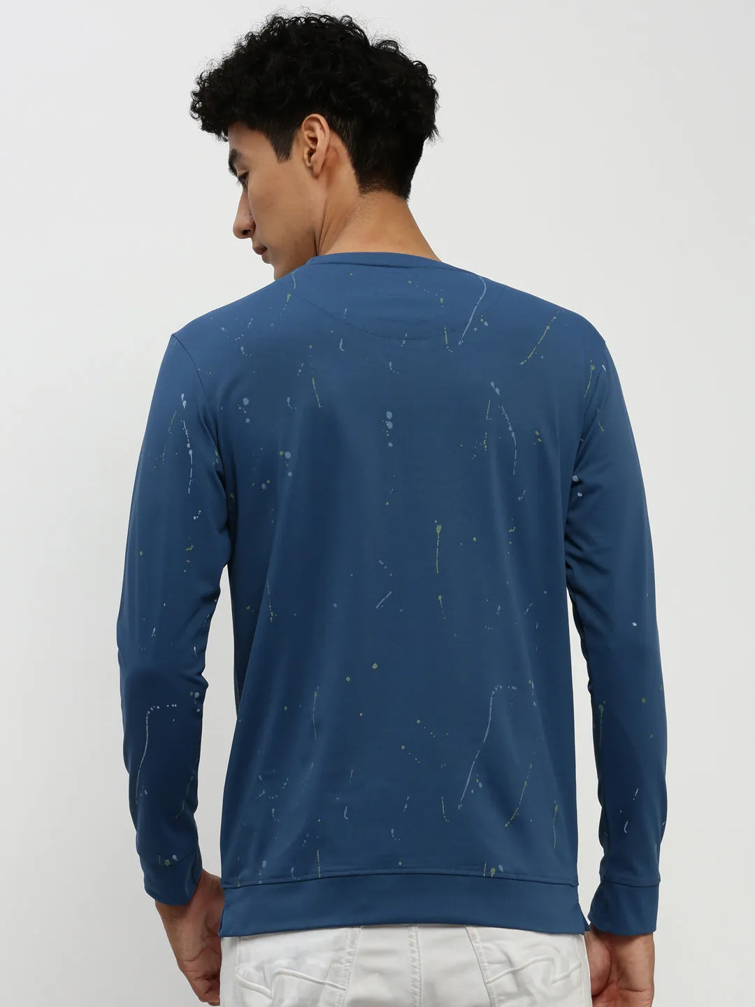 Men's Blue Printed Round Neck Cotton Sweatshirt Soft Hoodie