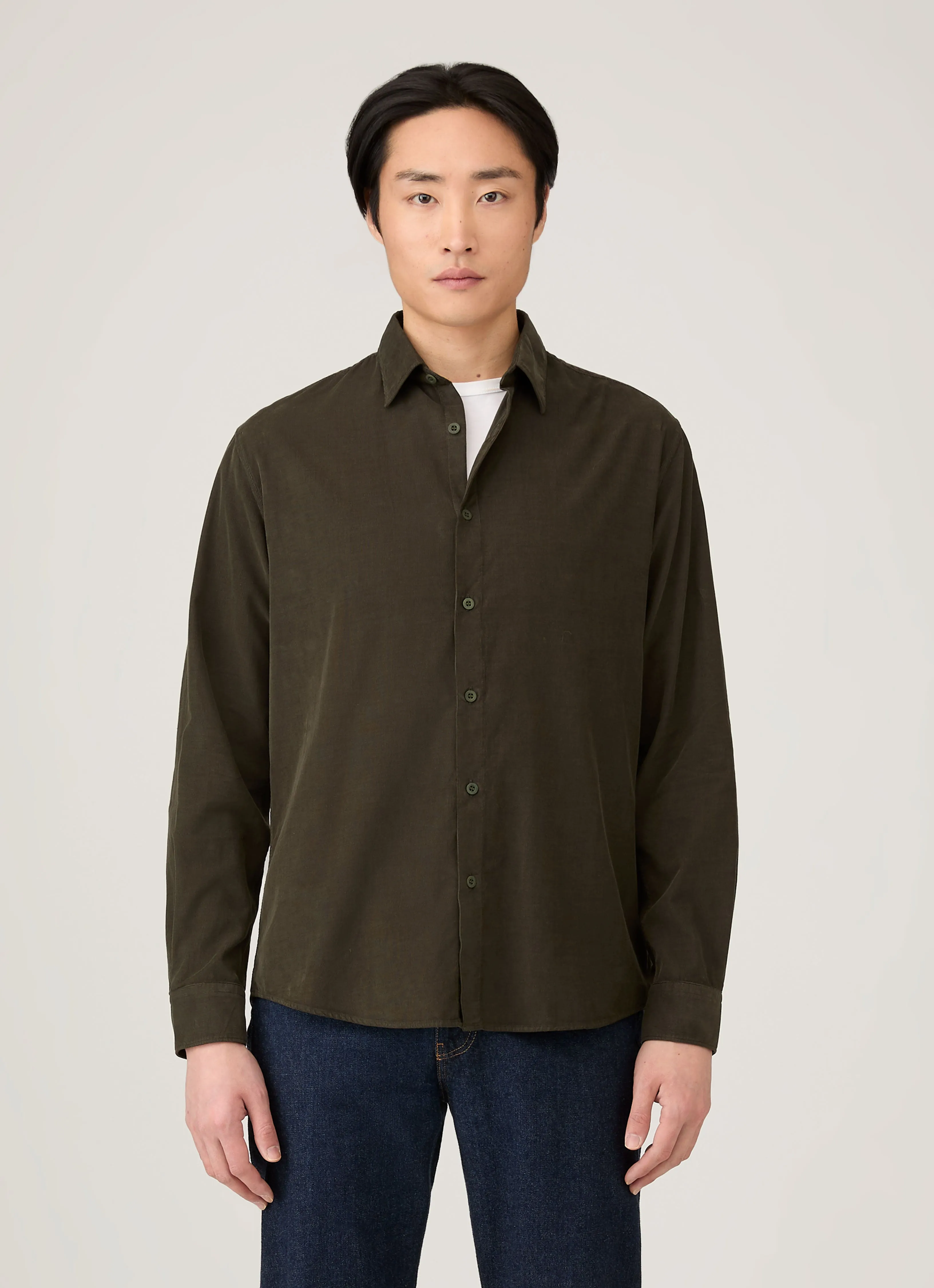 Ribbed Collar Design Men's Fine Cord Shirt in Dark Green