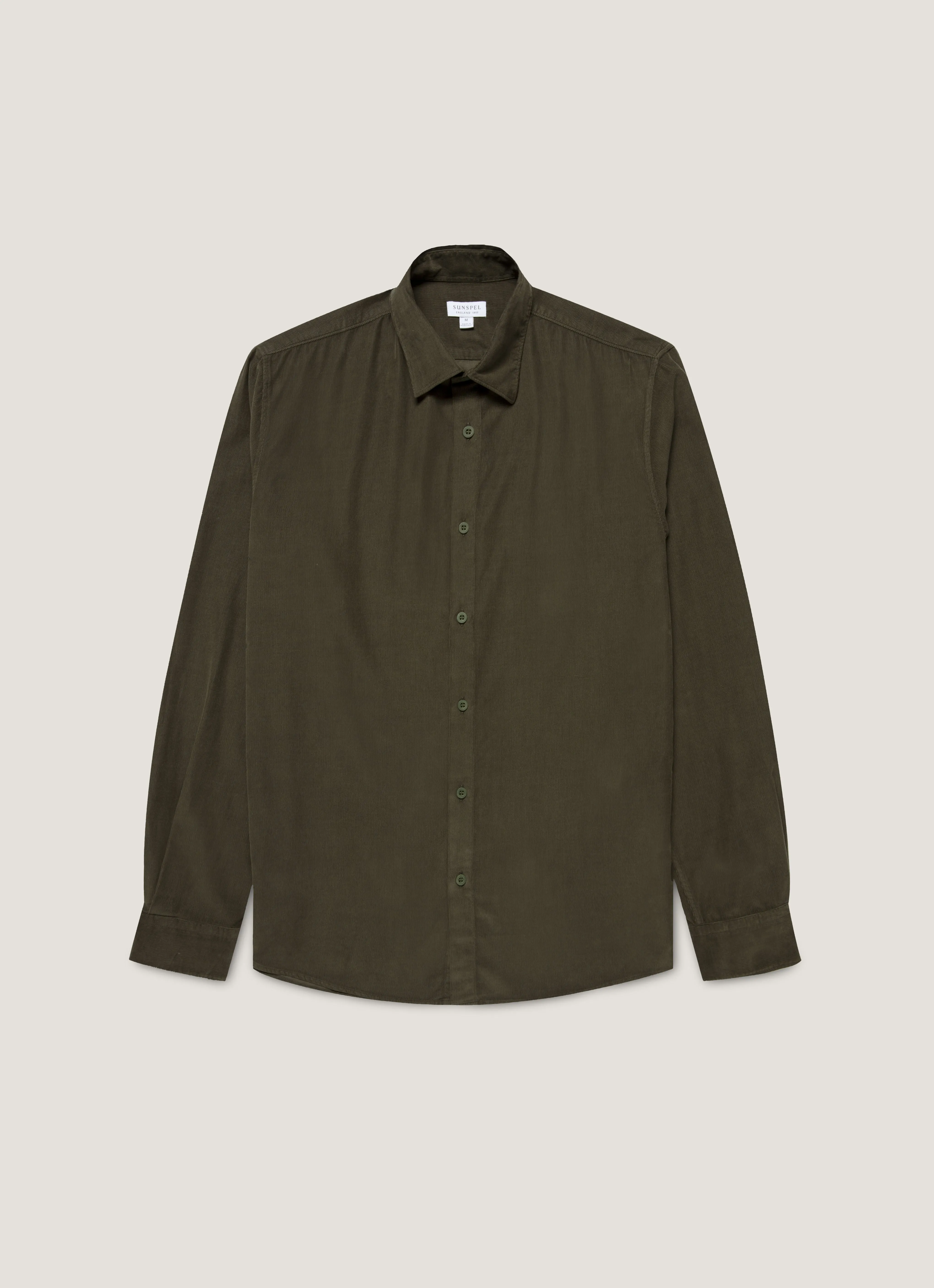 Men's Fine Cord Shirt in Dark Green Stretch Material