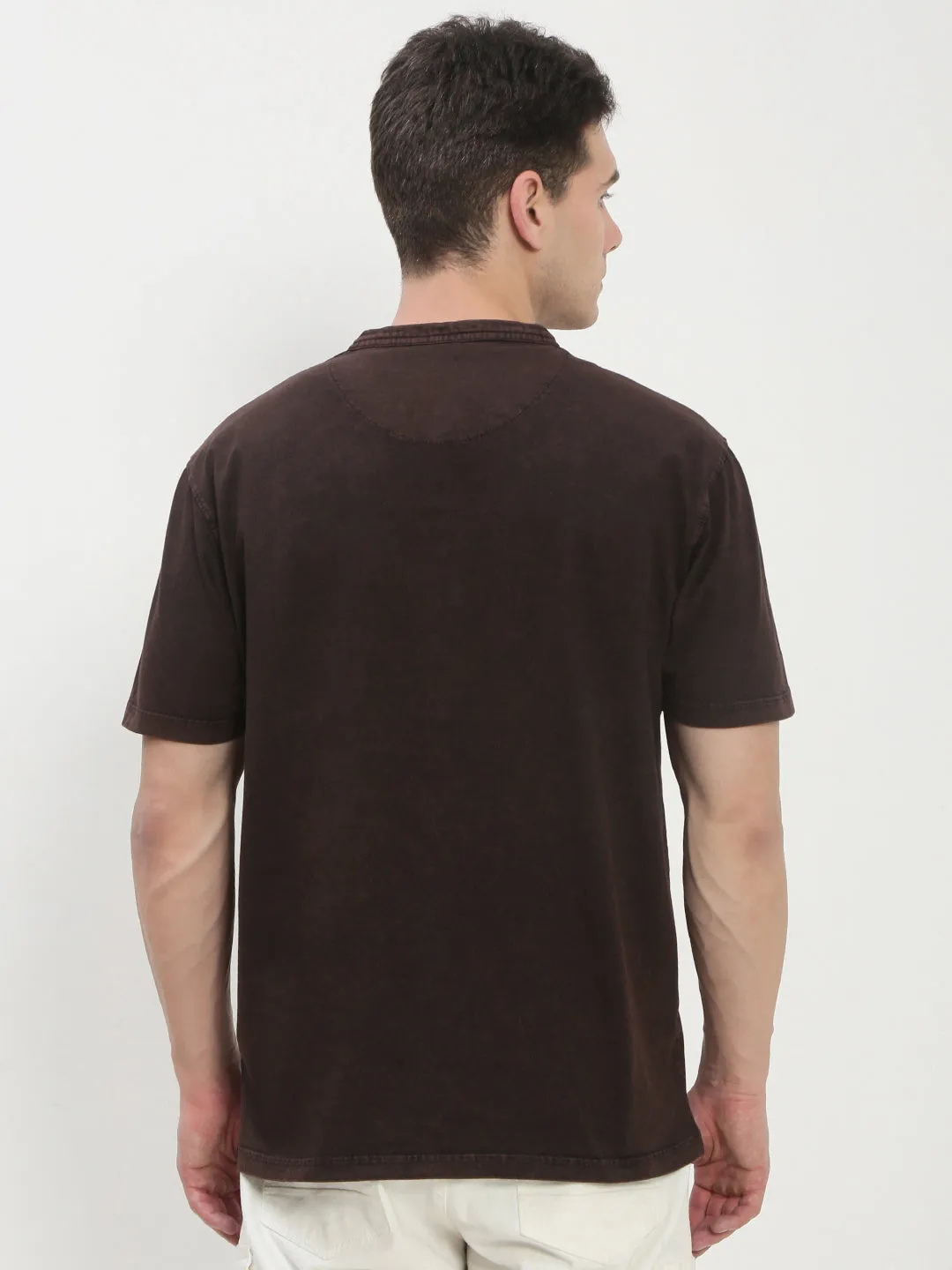 Men's Brown Solid Henley Collar T-Shirt product animal print wildness