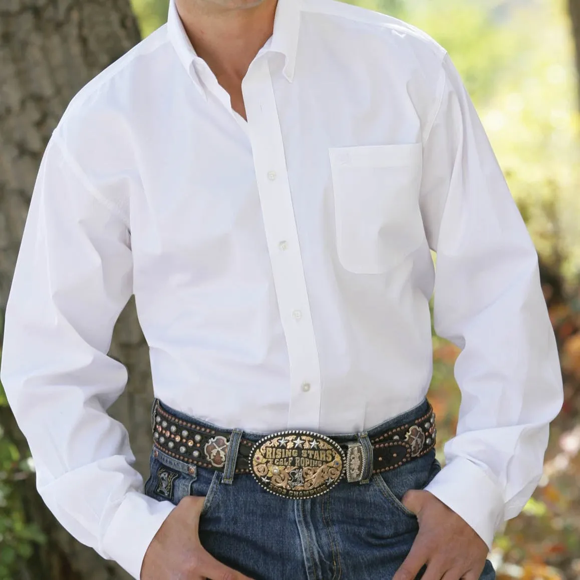 Reinforced Shoulder Stitching Cinch Men's Classic Fit Solid Western Button Down Shirt in White