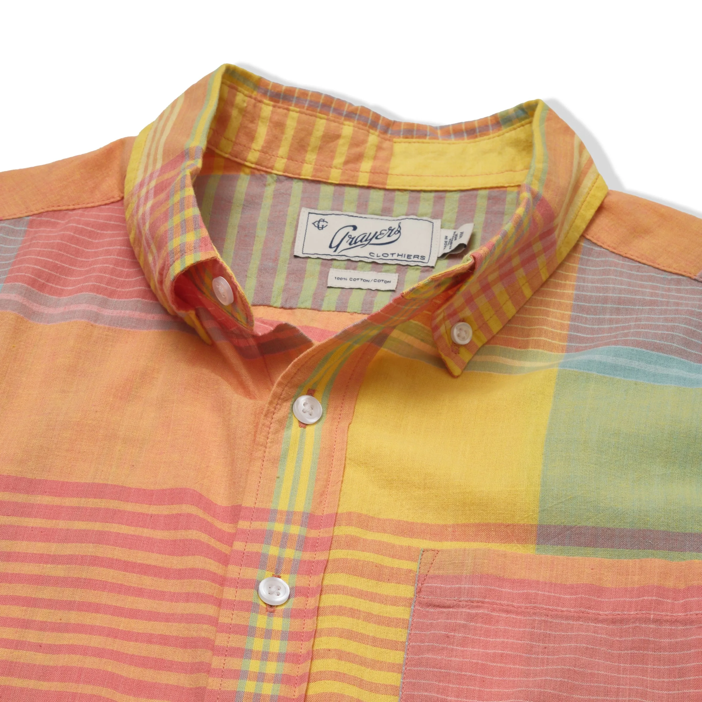 Ribbed collar Classic Madras Plaid Short Sleeve Shirt - Orange Yellow Plaid