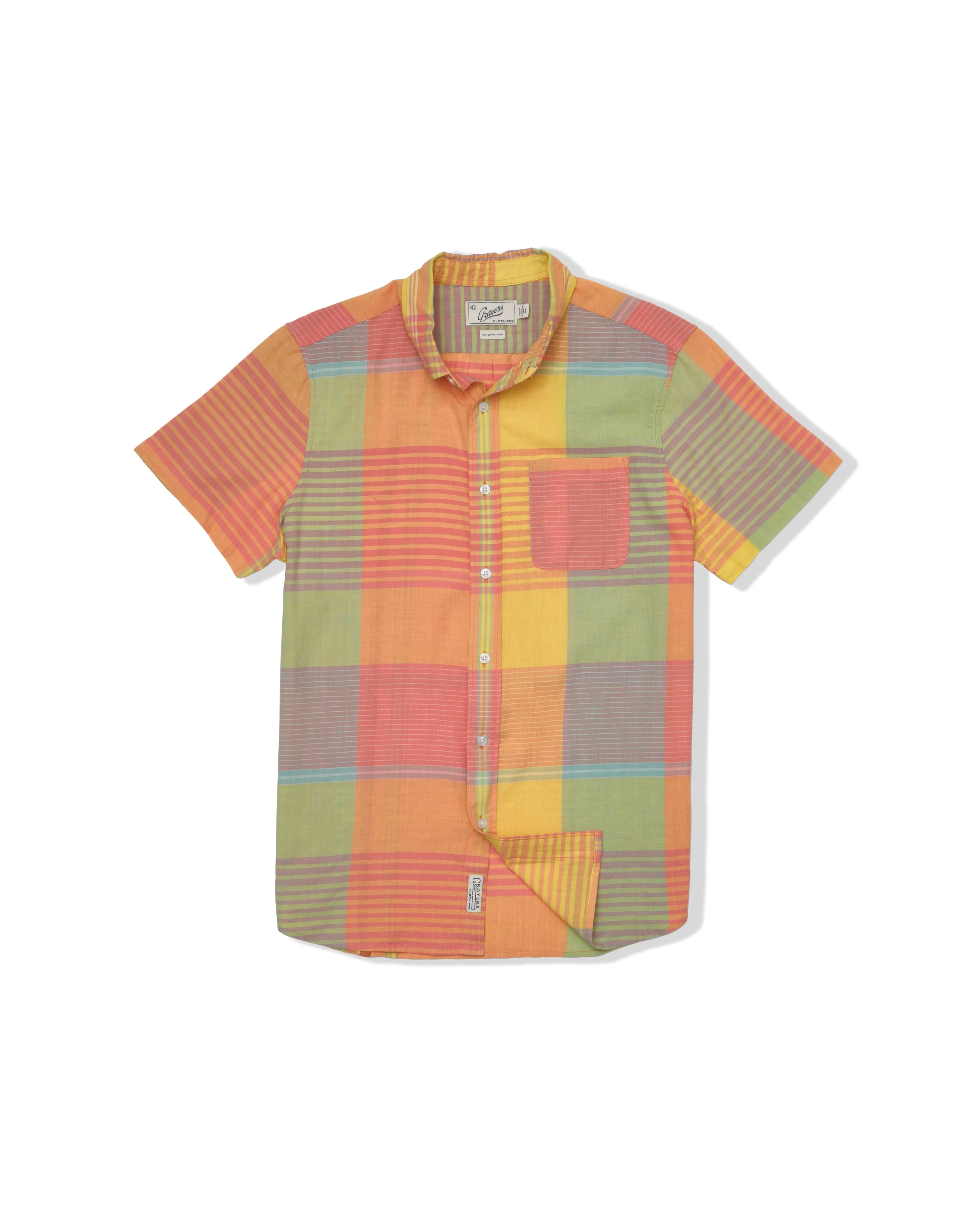Classic Madras Plaid Short Sleeve Shirt - Orange Yellow Plaid men's clothing UV Protection Fabric