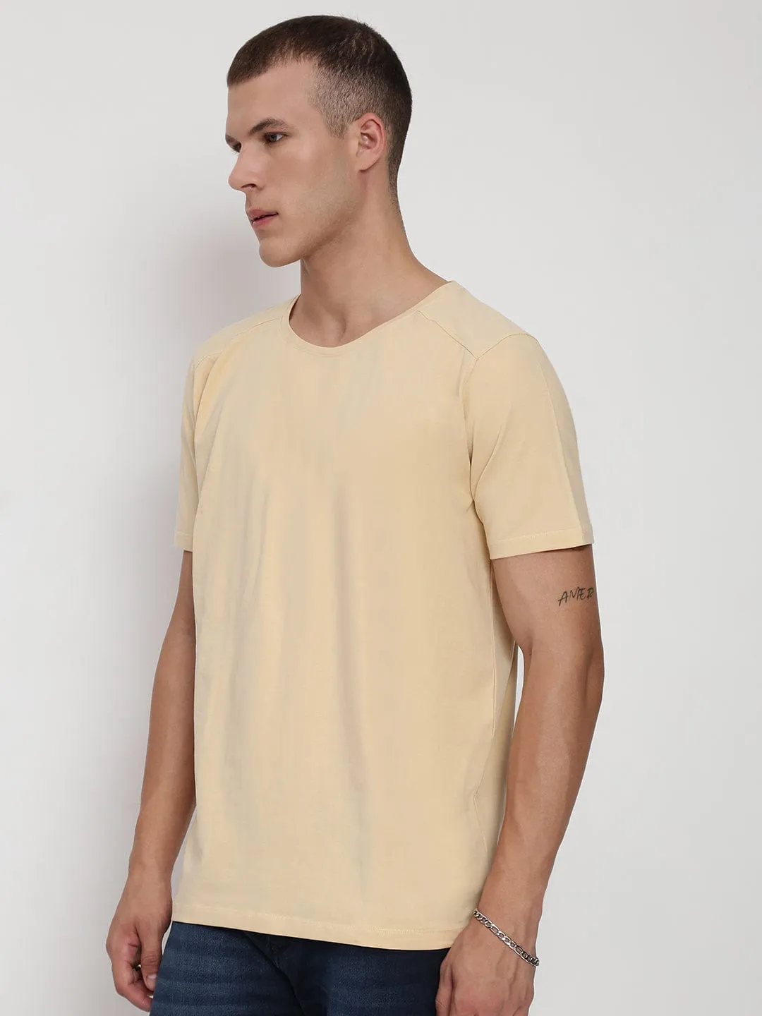 Sequin Glow Luxury Touch Men's Cream Round Neck Regular Fit T-Shirt