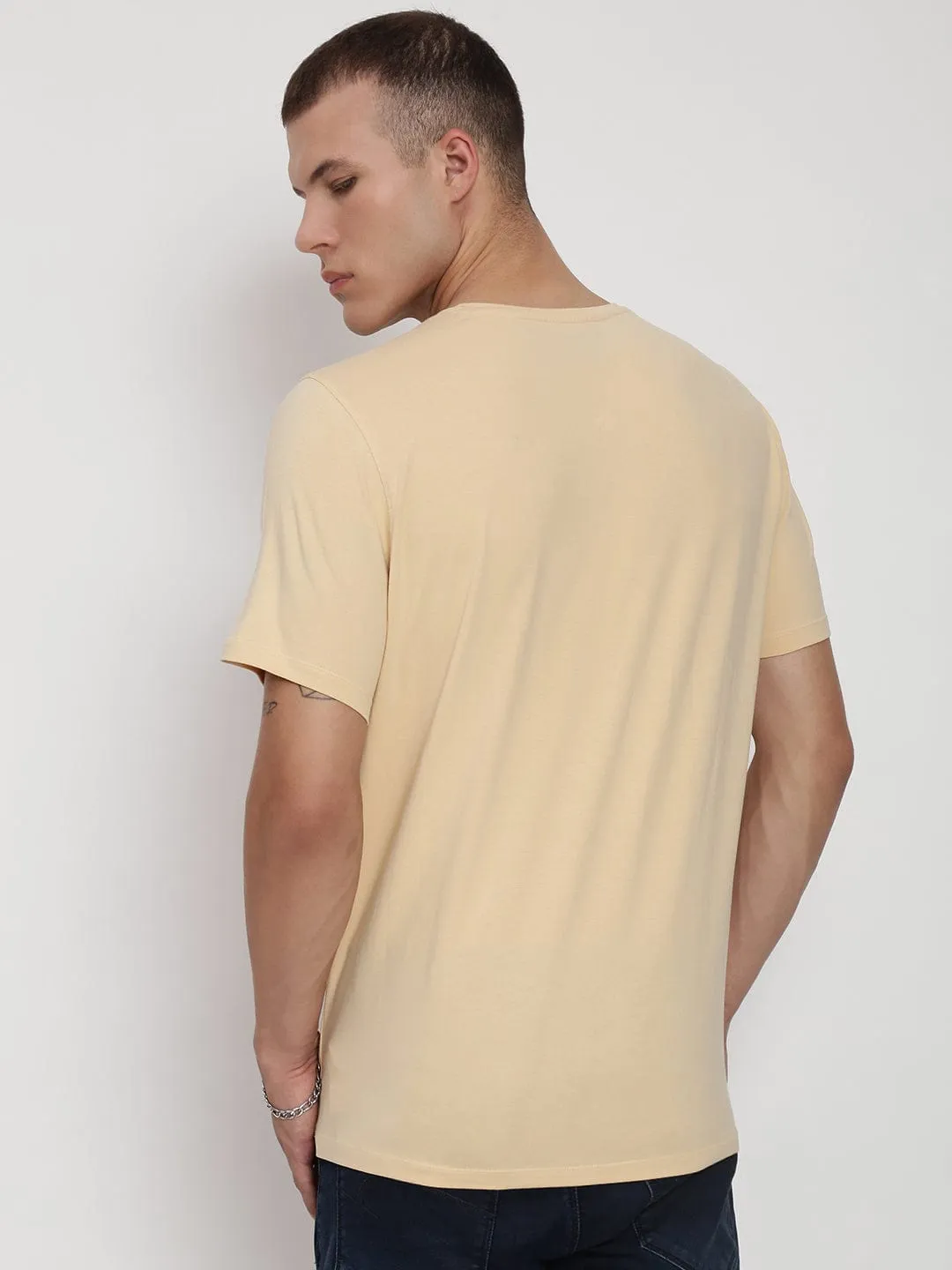 Flatlock stitching Men's Cream Round Neck Regular Fit T-Shirt