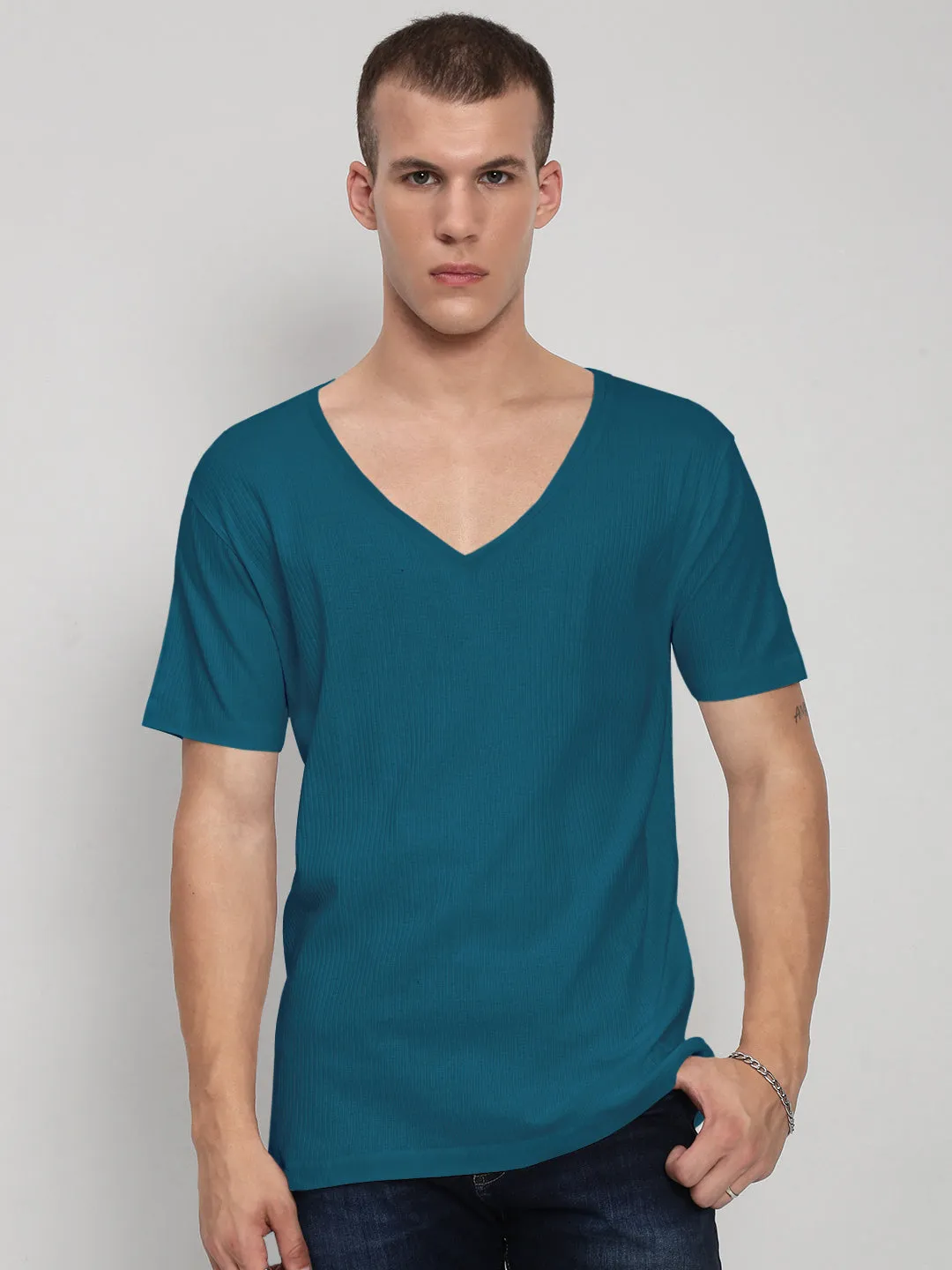 Men's Teal V-Neck Regular Fit T-Shirt Daily Use