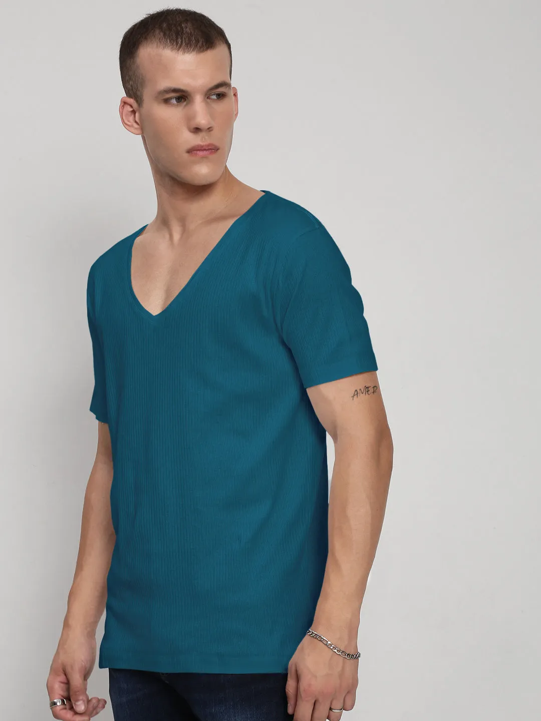 Men's Teal V-Neck Regular Fit T-Shirt Cozy Vibe Night Out