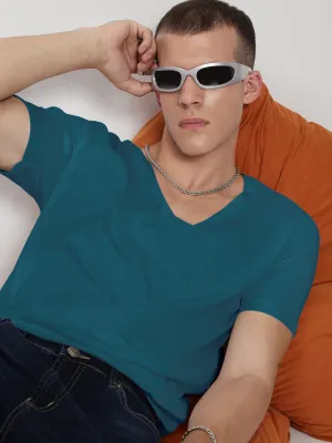 Men's Teal V-Neck Regular Fit T-Shirt Nature Base AdjustableHemline