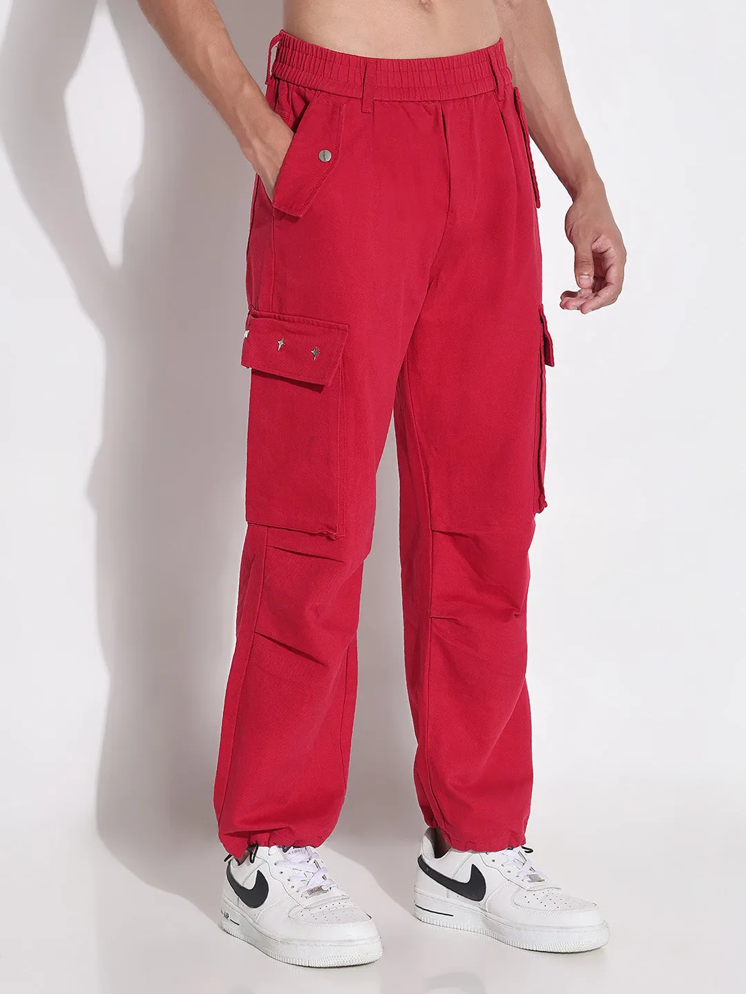 Reliable Basic Softened Lining Men's Red Baggy Cargos Jeans