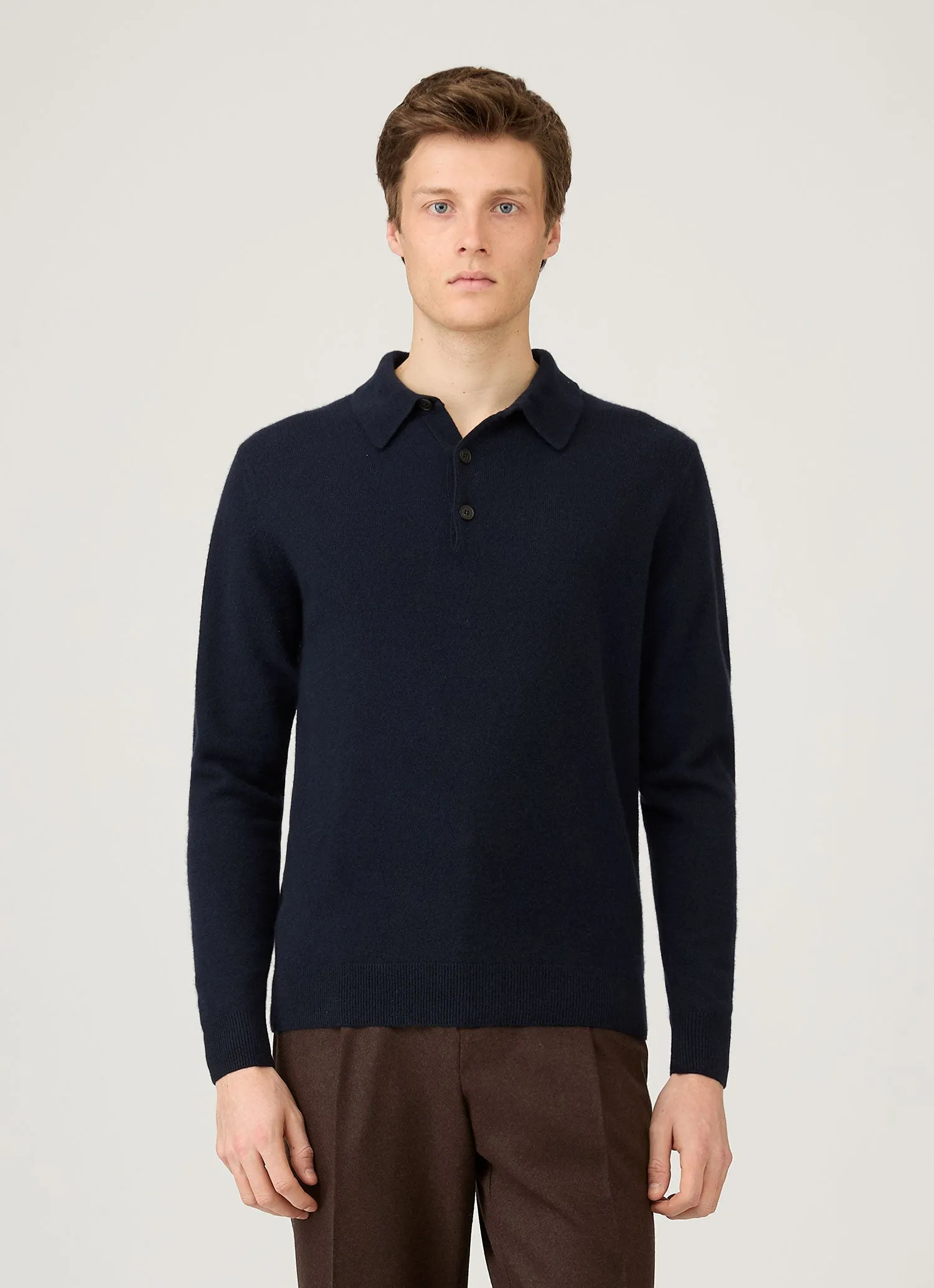 Men's Cashmere Polo Shirt in Navy Textured Weave Design