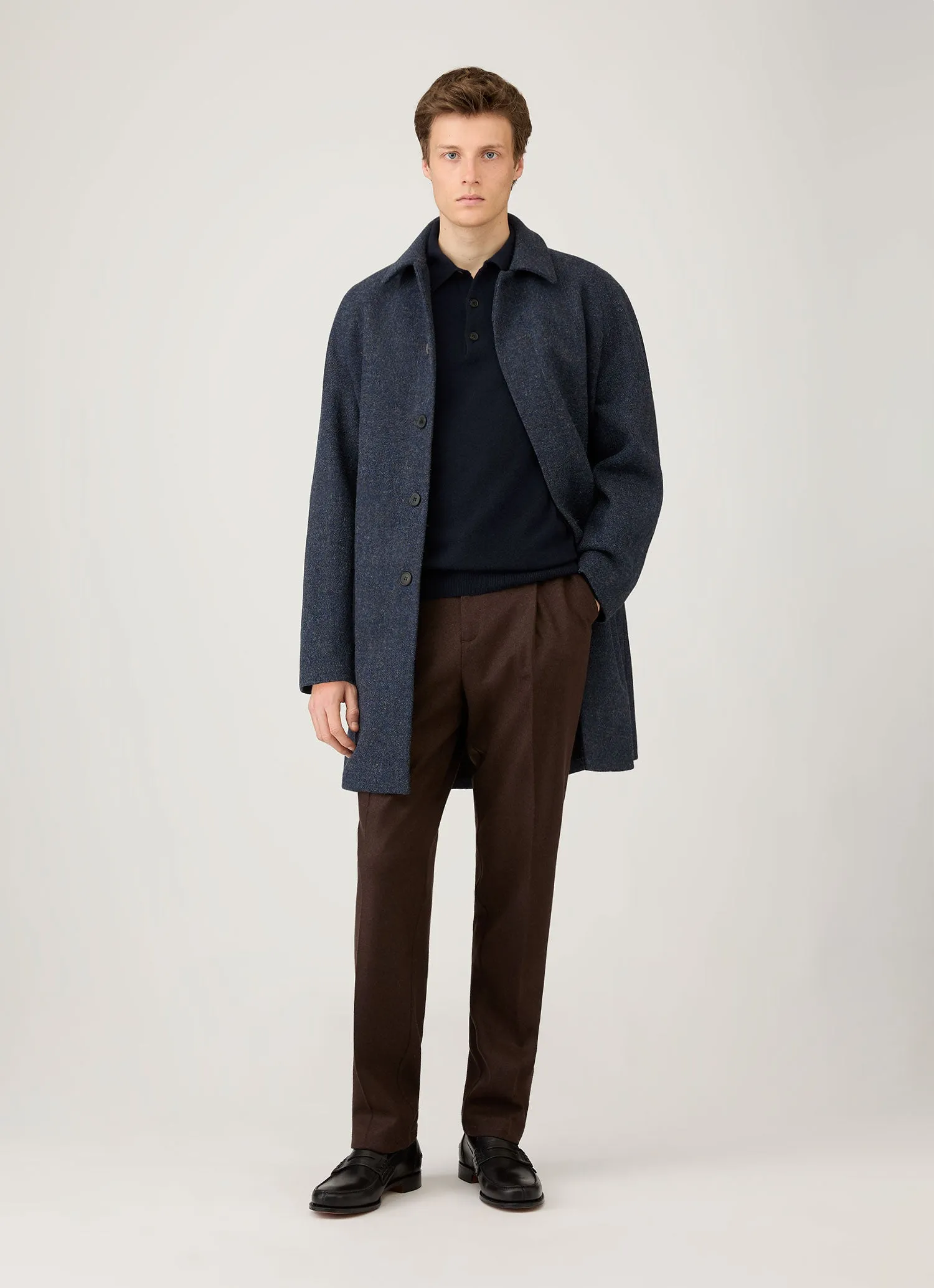 Circular Knit Pattern Men's Cashmere Polo Shirt in Navy