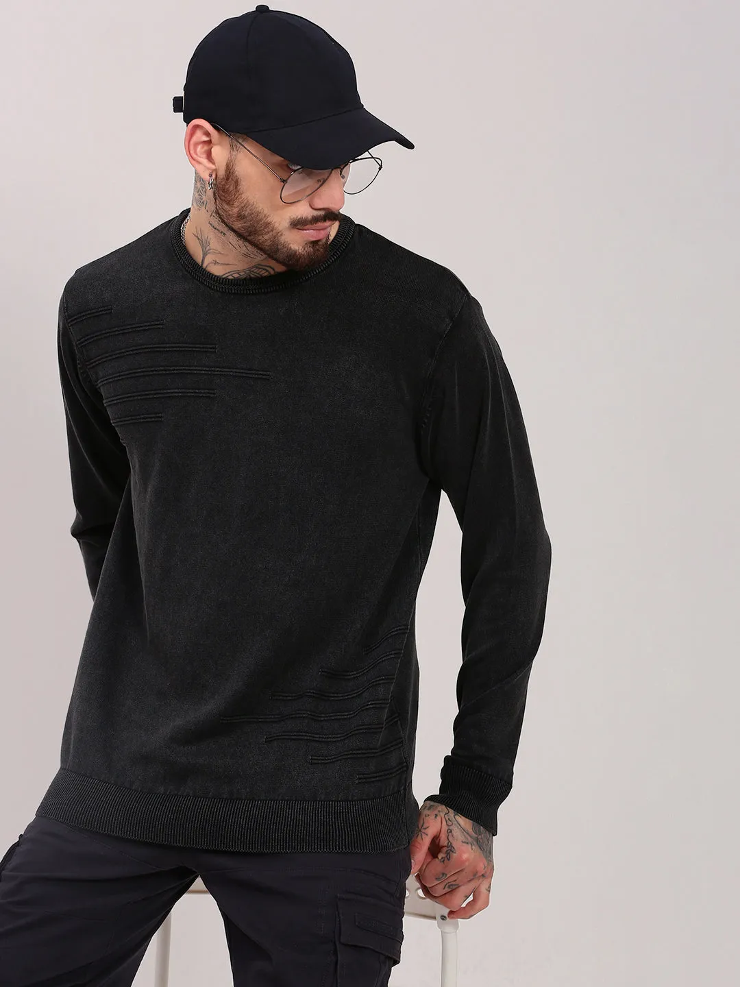 UV Protection Finish Men's Grey Solid Round Neck Pullover
