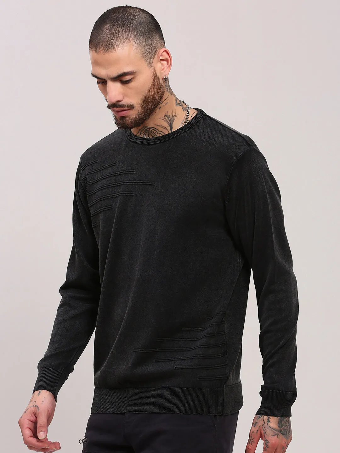 All Season Men's Grey Solid Round Neck Pullover