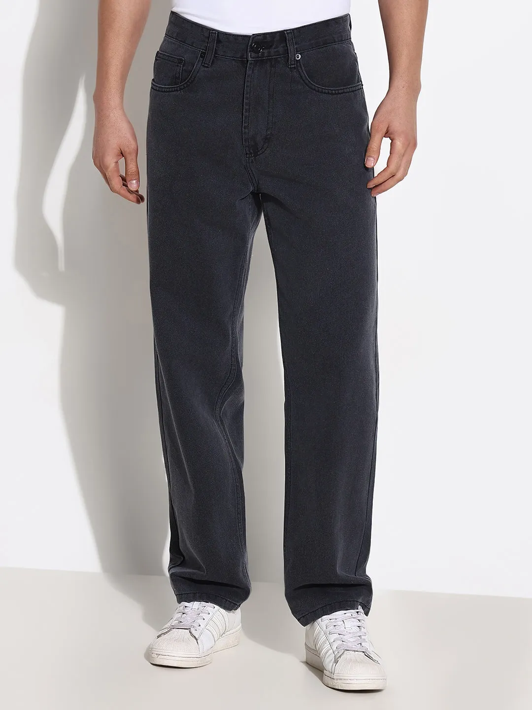 Men's Grey Straight Fit Acid Wash Jeans Non Stretch Denim