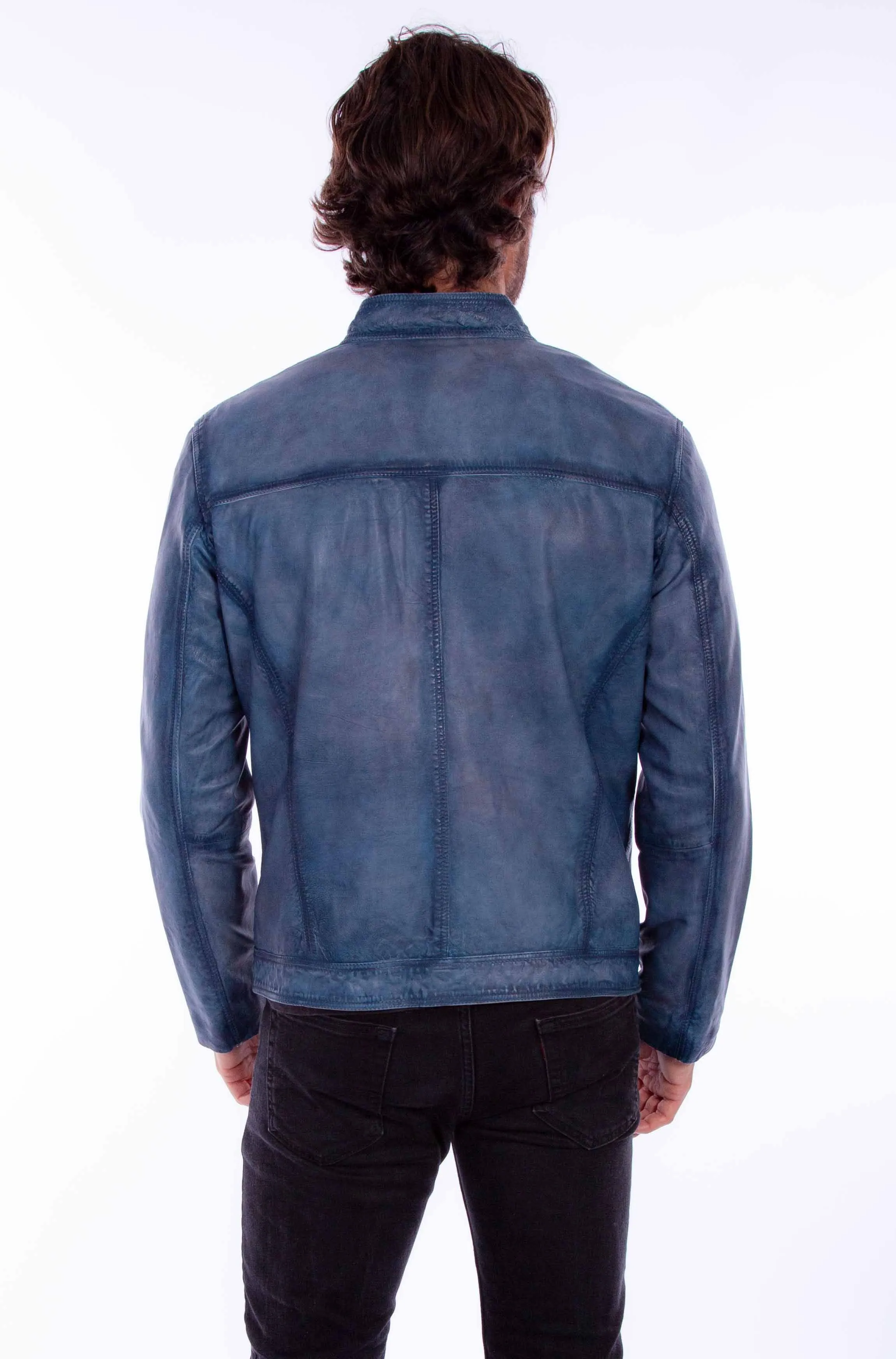 Scully Men's Front Zip Leather Jacket in Denim Blue Textured Finish