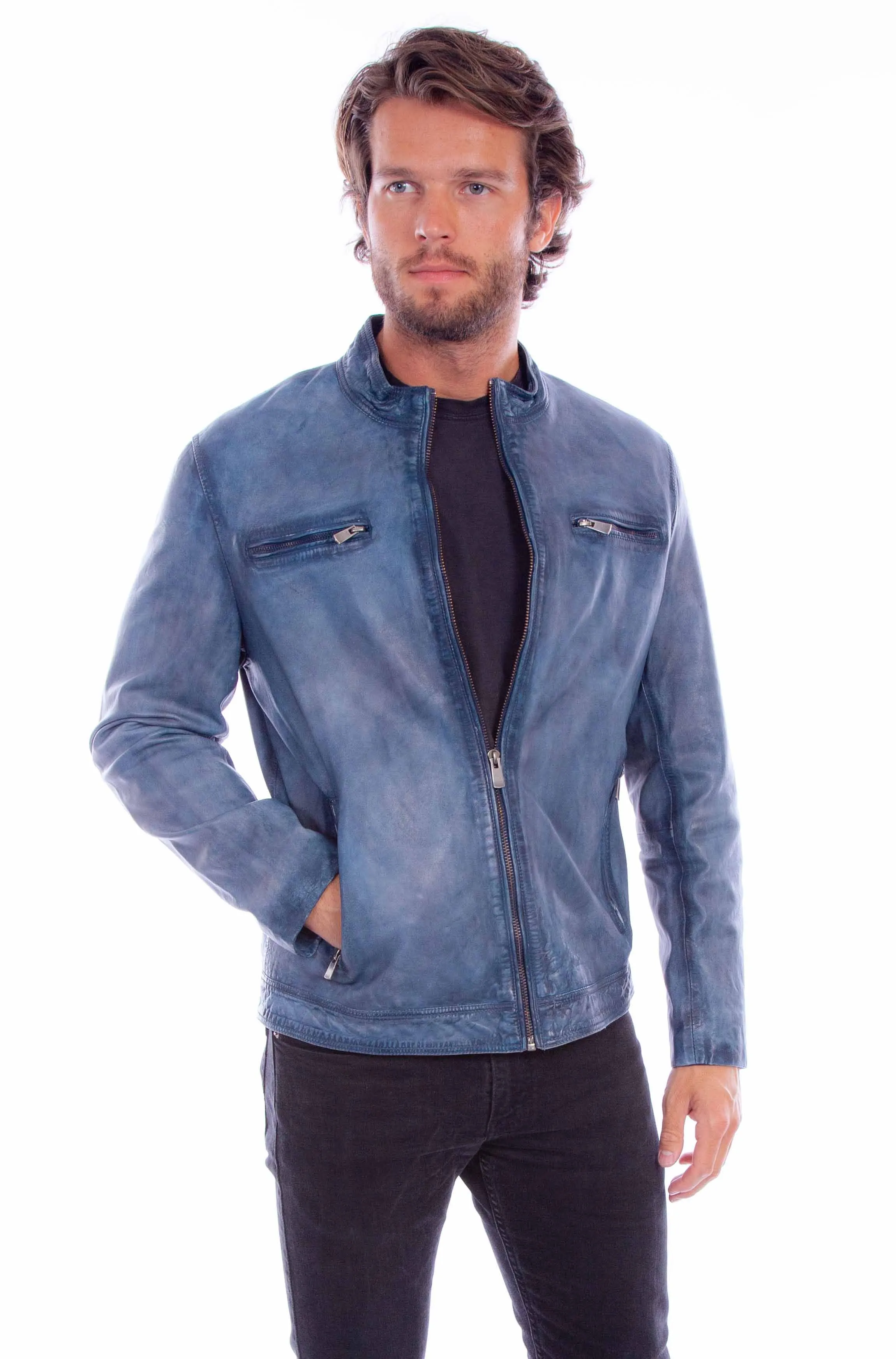 Mold resistant Ultra Light Packable Scully Men's Front Zip Leather Jacket in Denim Blue