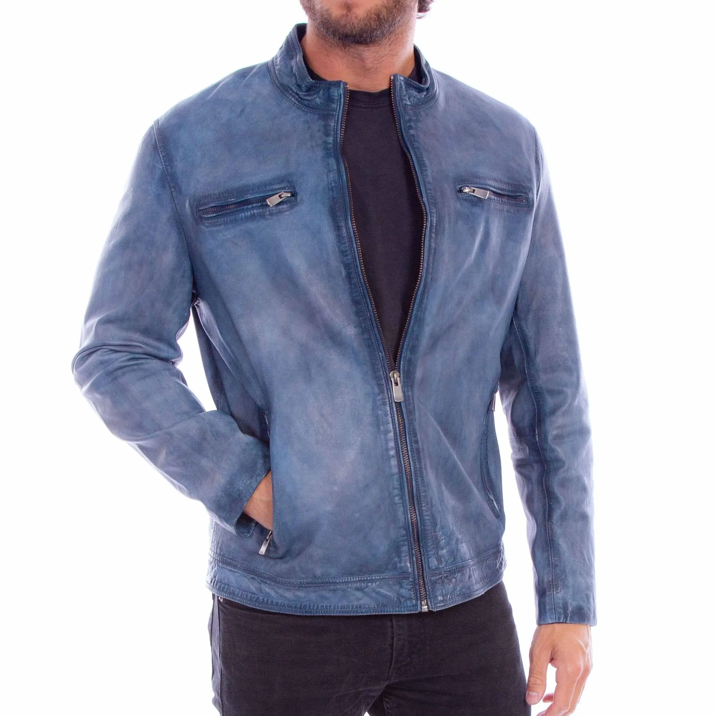 Functional Layer Piece Scully Men's Front Zip Leather Jacket in Denim Blue