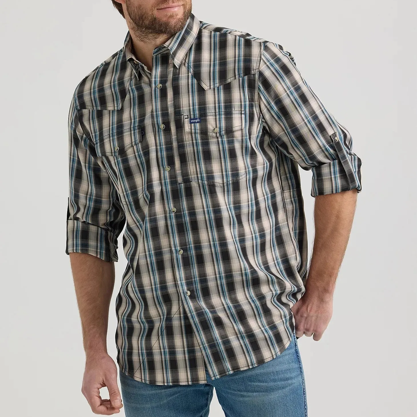 Wrangler Men's L/S Plaid Performance Western Snap Shirt in Tan & Black Button Down Weekend Wear
